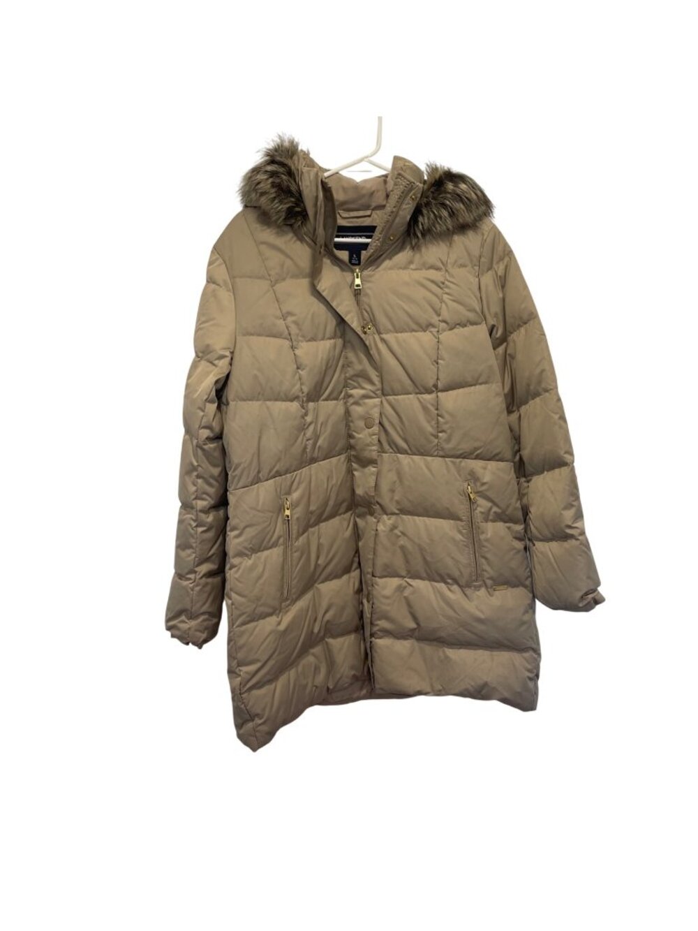 NWT Land's End Women Hyper Dry 600 Down Coat L 14-16 hooded faux fur Desert Beig